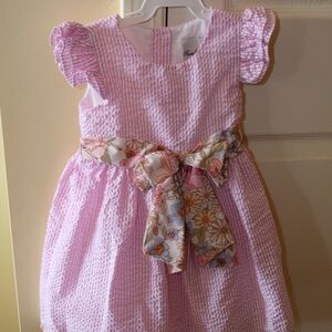 Rare Editions Pink Seersucker Dress with Floral Bow
